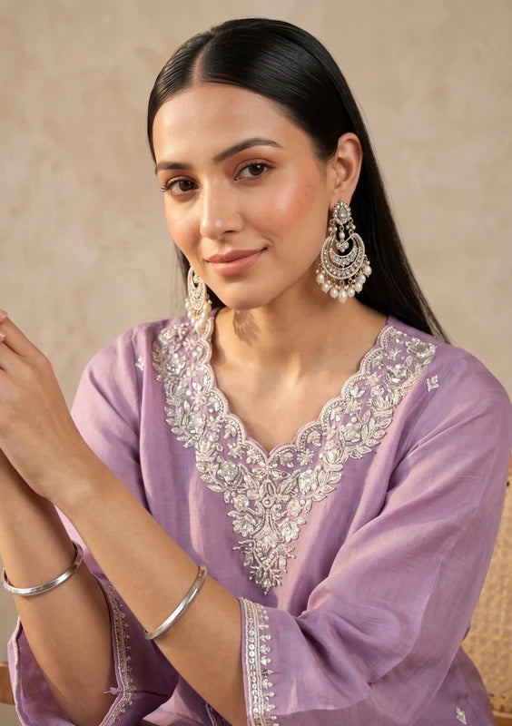 Light Lavender Threadwork Chanderi Readymade Salwar Suit