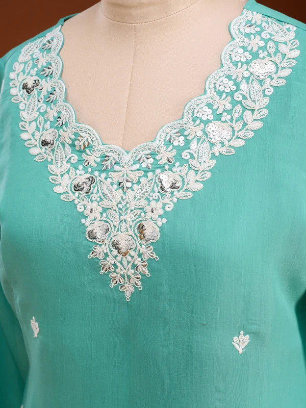 Sea Green Soft Raw Silk Threadwork Straight Kurta With Regular Pant And Dupatta