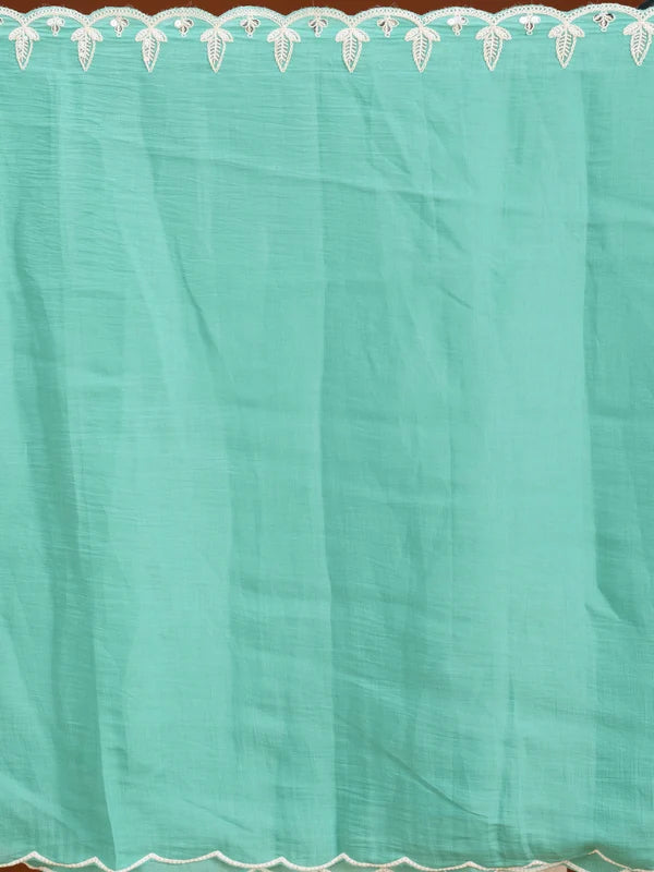 Sea Green Soft Raw Silk Threadwork Straight Kurta With Regular Pant And Dupatta