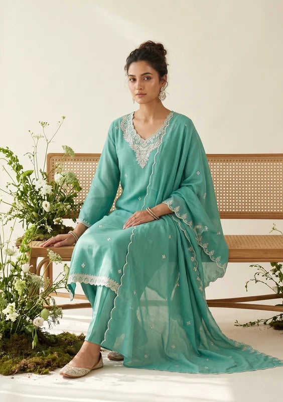 Sea Green Soft Raw Silk Threadwork Straight Kurta With Regular Pant And Dupatta
