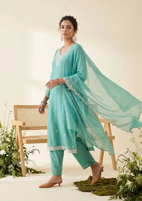 Sea Green Soft Raw Silk Threadwork Straight Kurta With Regular Pant And Dupatta
