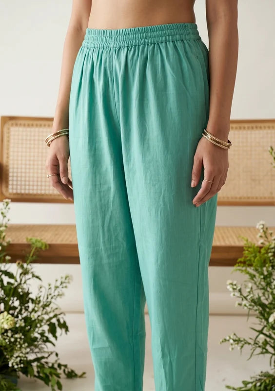 Sea Green Soft Raw Silk Threadwork Straight Kurta With Regular Pant And Dupatta