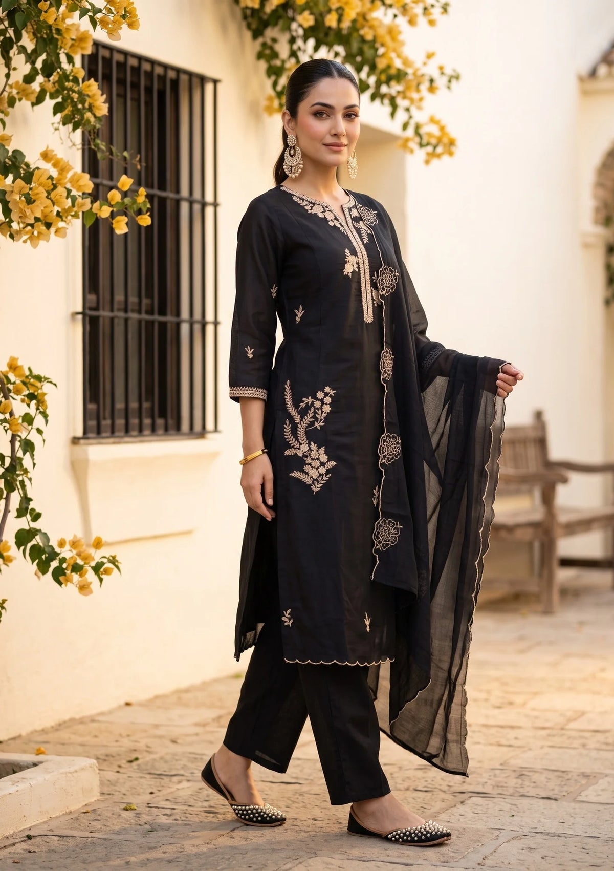 Black Zardozi (Gold) Chanderi Readymade Salwar Suit