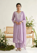 Mauve Chanderi Threadwork Straight Kurta With Pant Regular And Dupatta