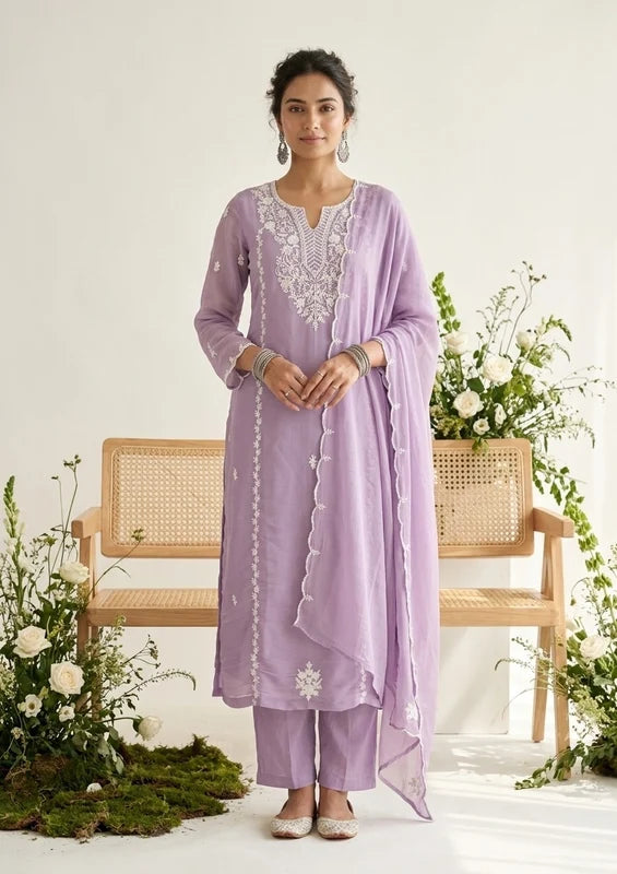 Mauve Chanderi Threadwork Straight Kurta With Pant Regular And Dupatta