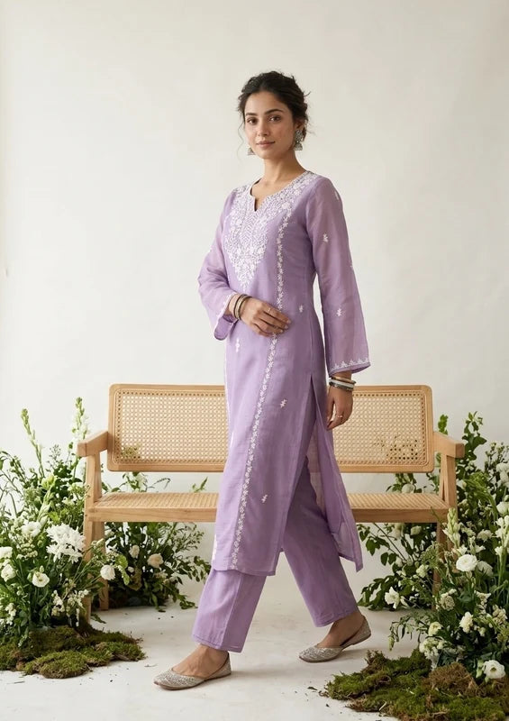 Mauve Chanderi Threadwork Straight Kurta With Pant Regular And Dupatta