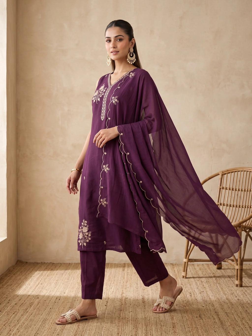 Wine Zariwork (Gold) Chanderi Readymade Salwar Suit