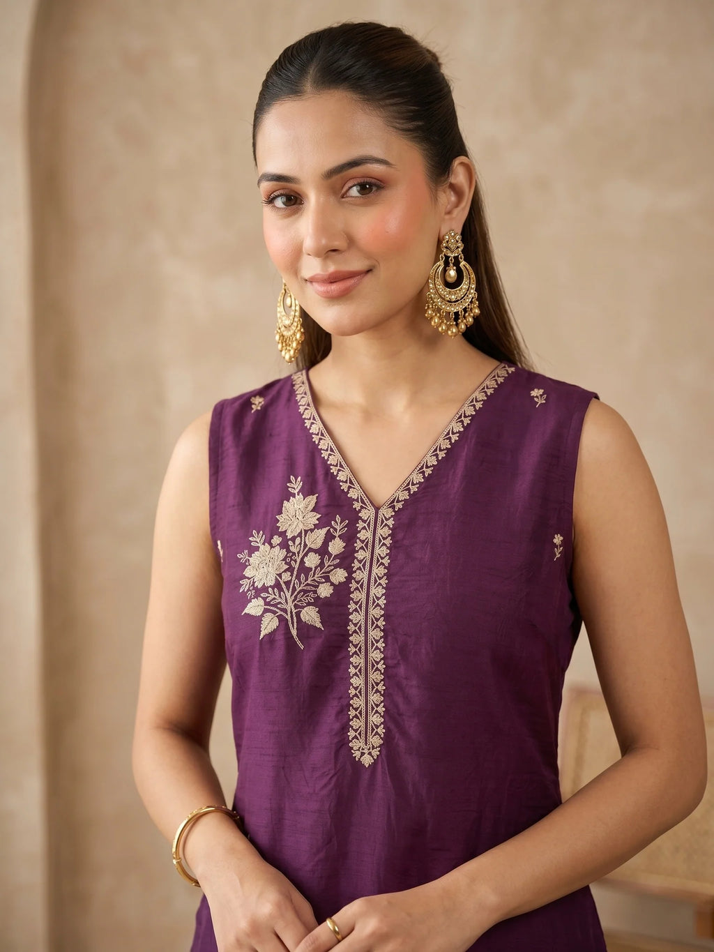 Wine Zariwork (Gold) Chanderi Readymade Salwar Suit
