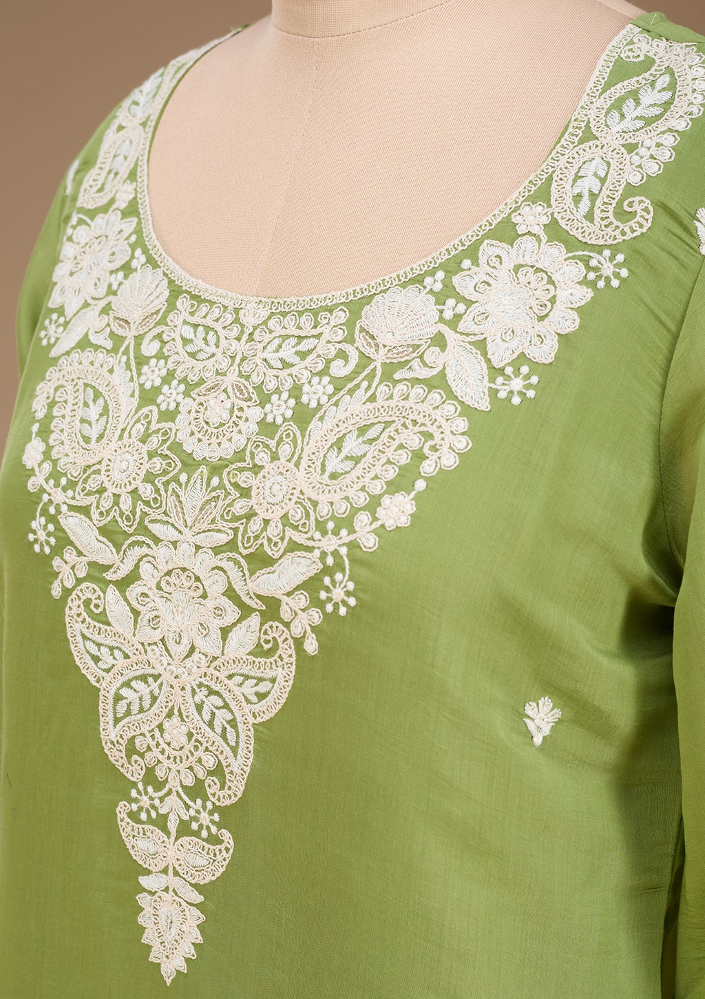 Pista Green Threadwork Chanderi Readymade Salwar Suit