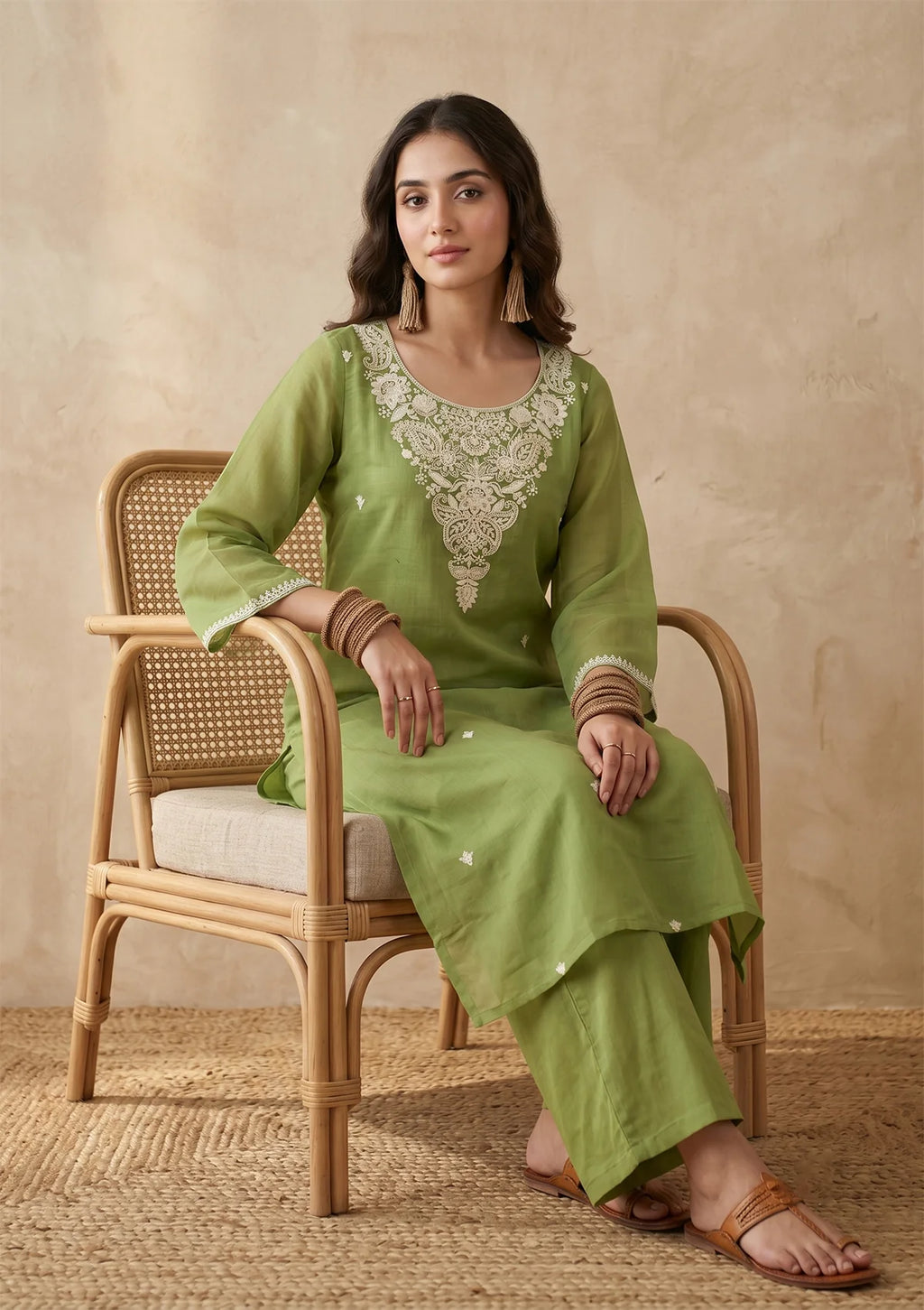 Pista Green Threadwork Chanderi Readymade Salwar Suit