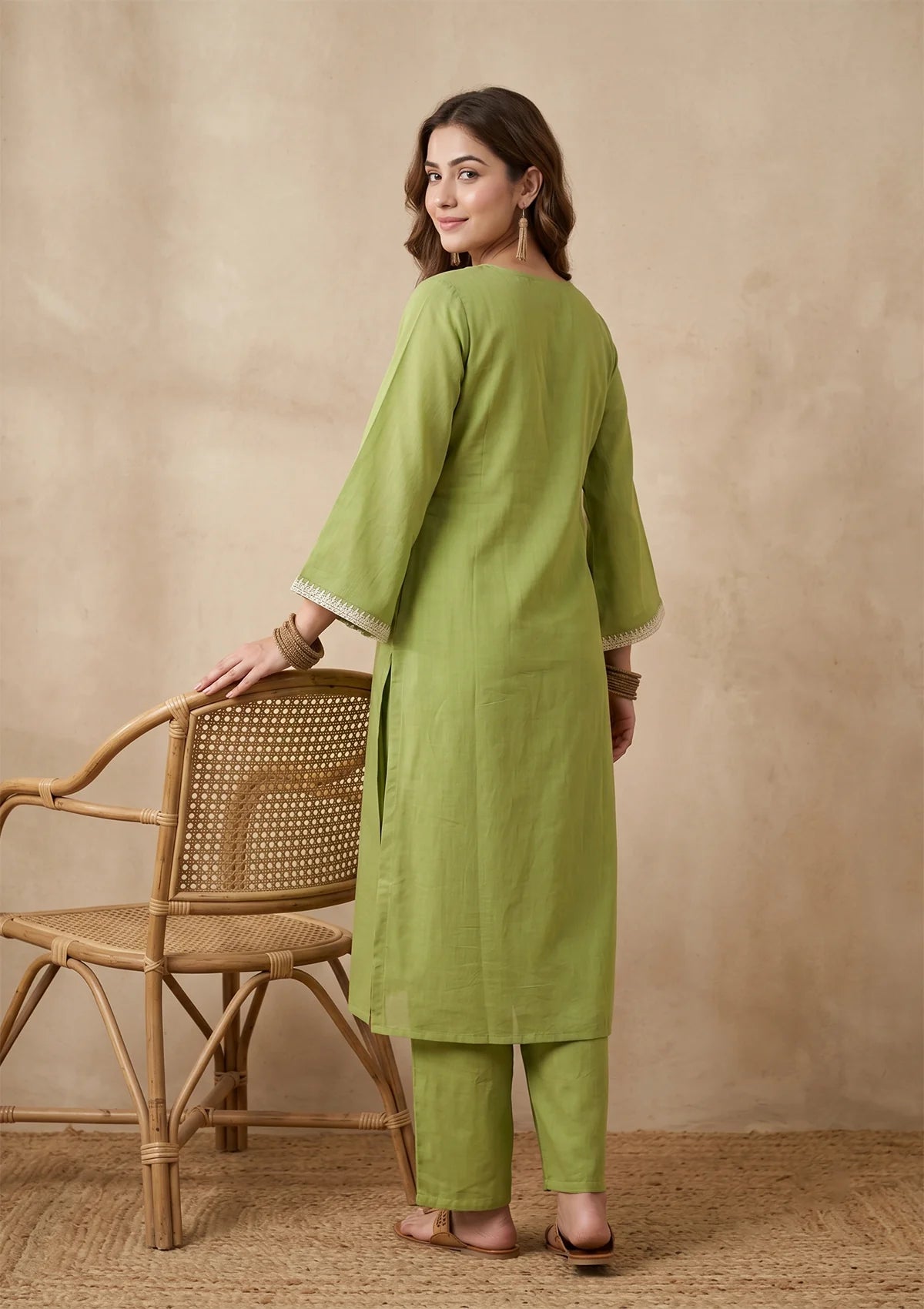 Pista Green Threadwork Chanderi Readymade Salwar Suit