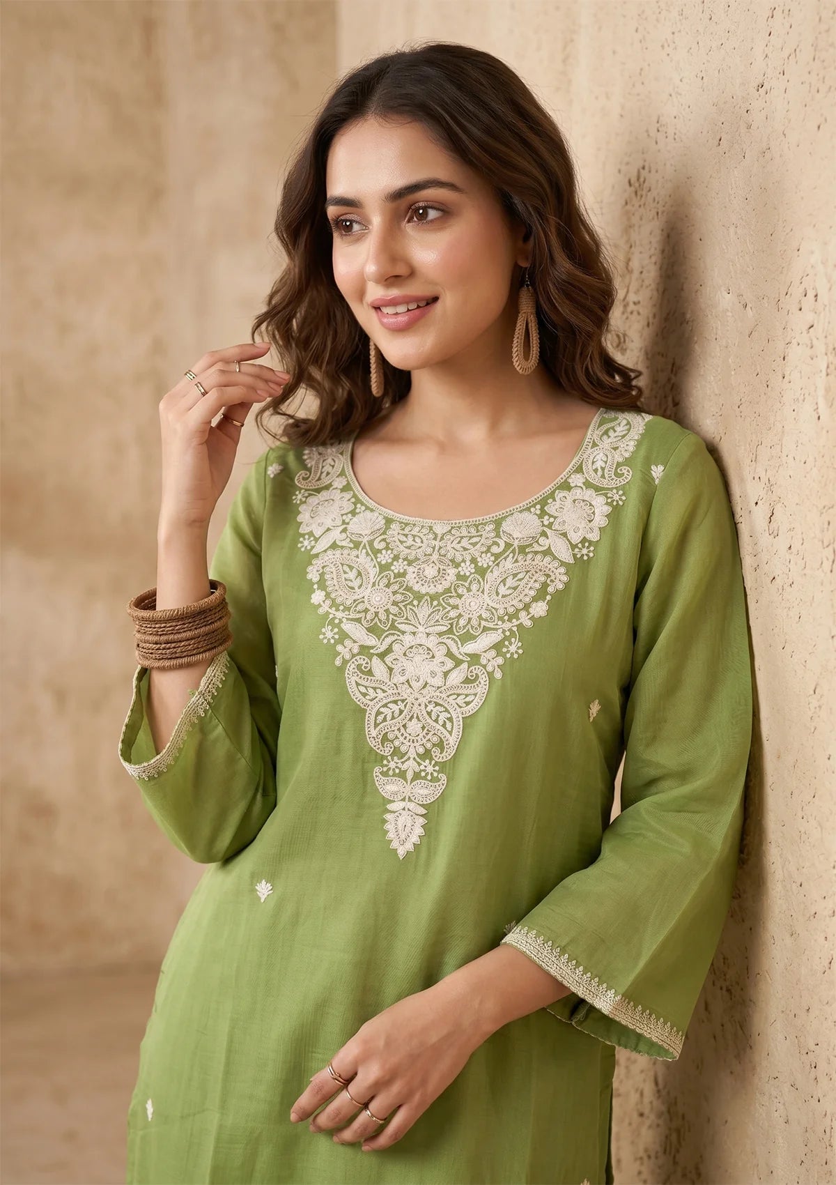 Pista Green Threadwork Chanderi Readymade Salwar Suit