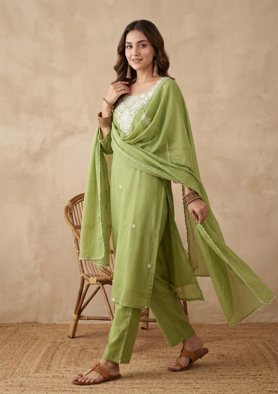 Pista Green Threadwork Chanderi Readymade Salwar Suit