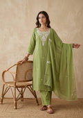 Pista Green Threadwork Chanderi Readymade Salwar Suit