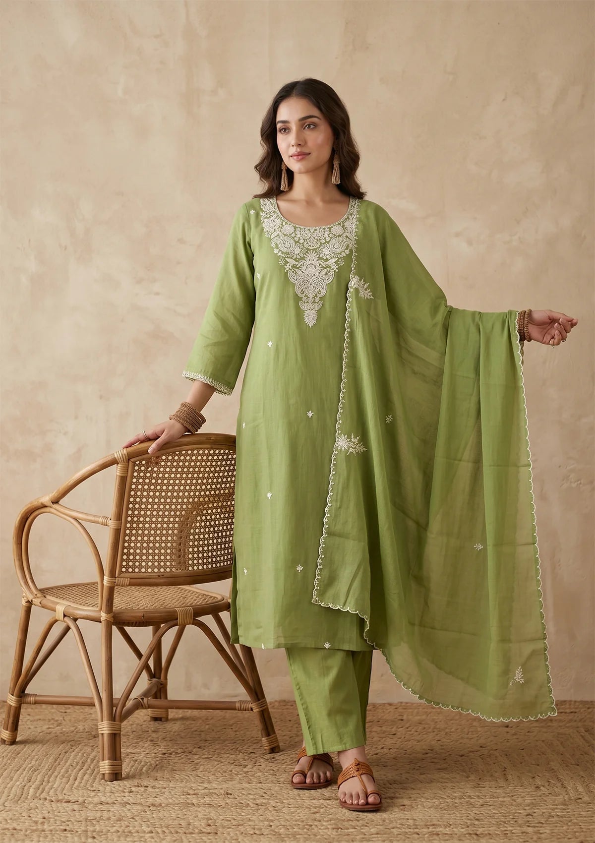 Pista Green Threadwork Chanderi Readymade Salwar Suit