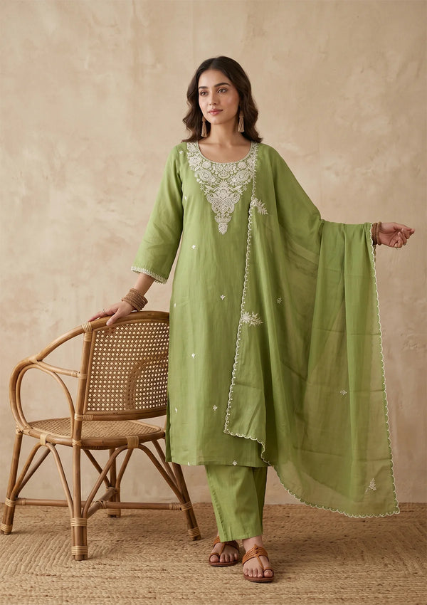 Pista Green Threadwork Chanderi Readymade Salwar Suit