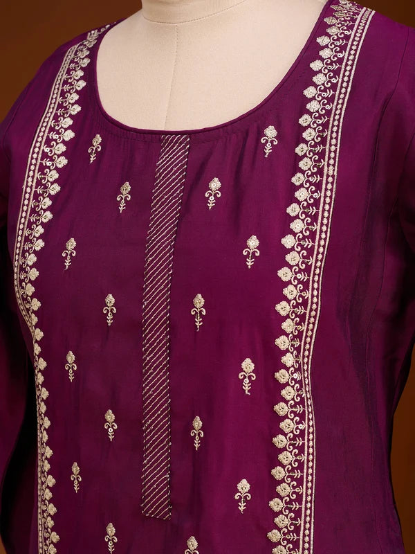Wine Art Silk Threadwork A Line Kurta With Pant Regular And Dupatta