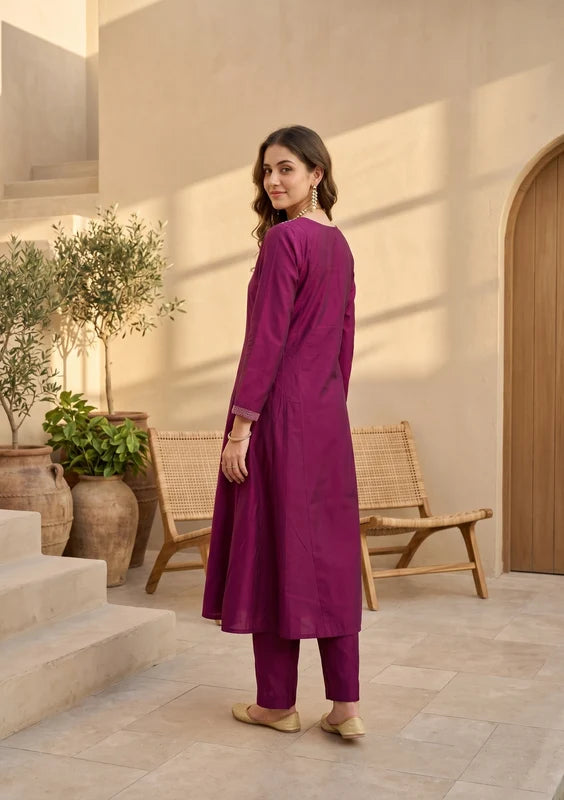 Wine Art Silk Threadwork A Line Kurta With Pant Regular And Dupatta