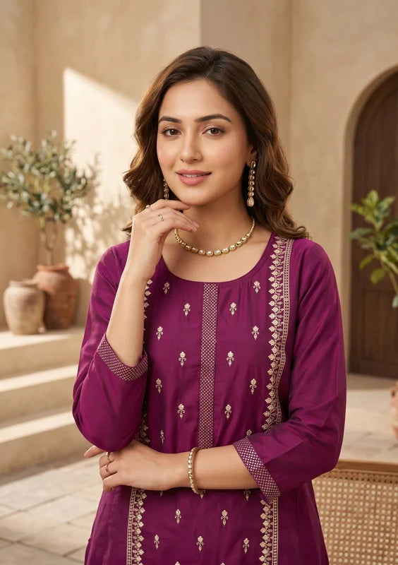 Wine Art Silk Threadwork A Line Kurta With Pant Regular And Dupatta