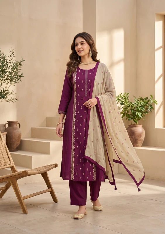 Wine Art Silk Threadwork A Line Kurta With Pant Regular And Dupatta