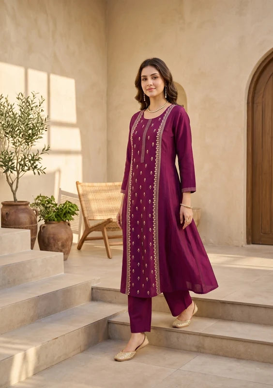 Wine Art Silk Threadwork A Line Kurta With Pant Regular And Dupatta