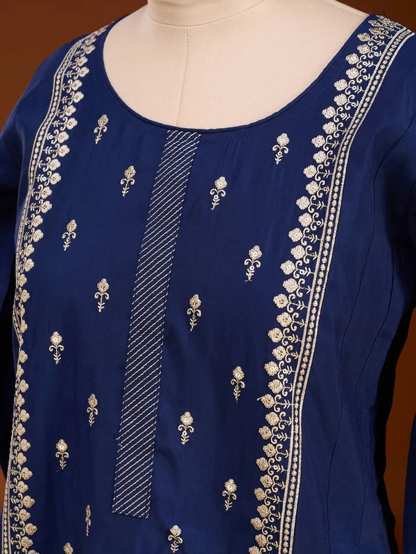 Navy Blue Art Silk Threadwork A Line Kurta With Pant Regular And Dupatta