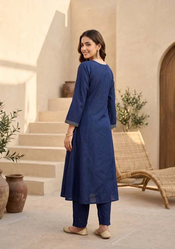 Navy Blue Art Silk Threadwork A Line Kurta With Pant Regular And Dupatta