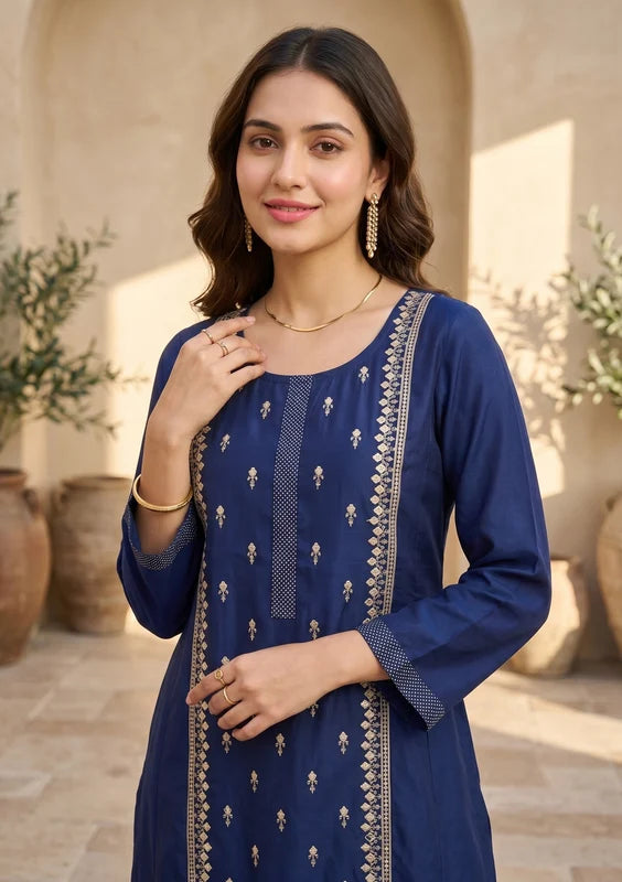 Navy Blue Art Silk Threadwork A Line Kurta With Pant Regular And Dupatta