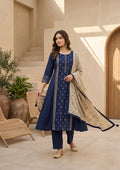 Navy Blue Art Silk Threadwork A Line Kurta With Pant Regular And Dupatta