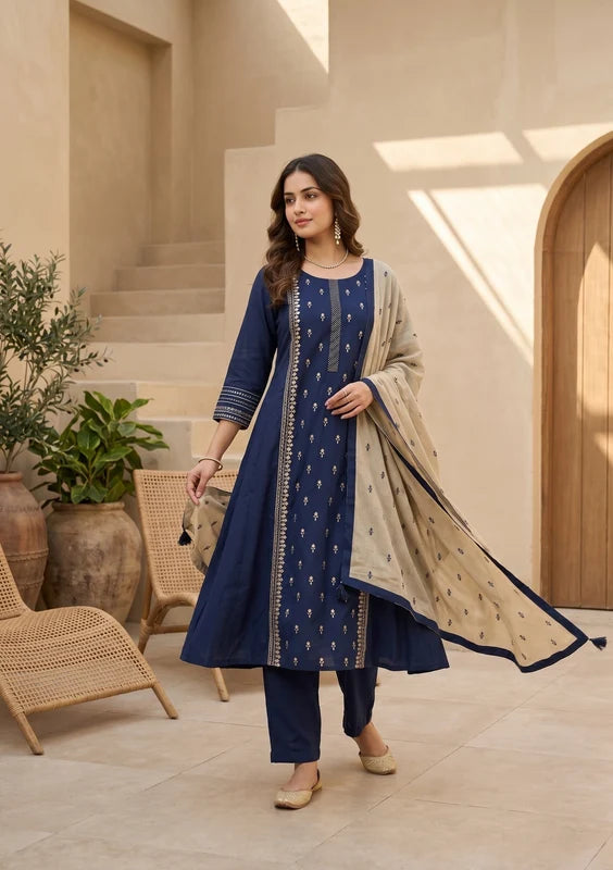 Navy Blue Art Silk Threadwork A Line Kurta With Pant Regular And Dupatta