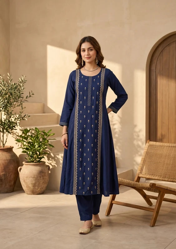 Navy Blue Art Silk Threadwork A Line Kurta With Pant Regular And Dupatta