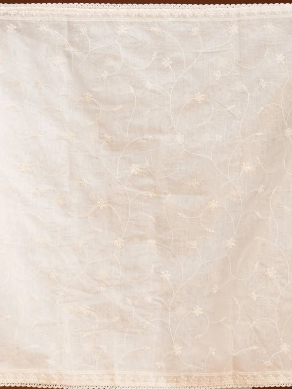 Cream Chanderi Threadwork Straight Kurta With Pant Regular And Dupatta