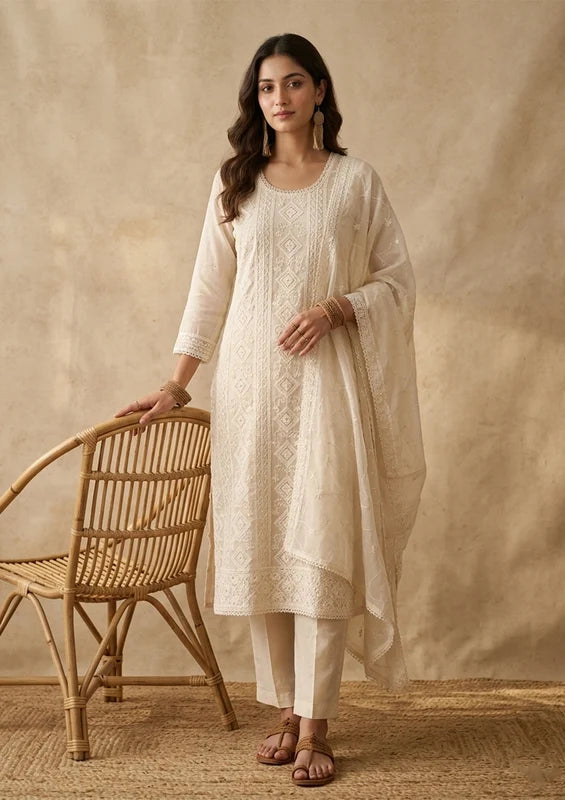 Cream Chanderi Threadwork Straight Kurta With Pant Regular And Dupatta