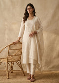 Cream Chanderi Threadwork Straight Kurta With Pant Regular And Dupatta