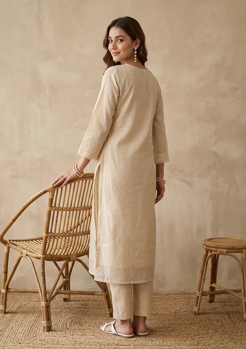 Cream Chanderi Threadwork Straight Kurta With Pant Regular And Dupatta