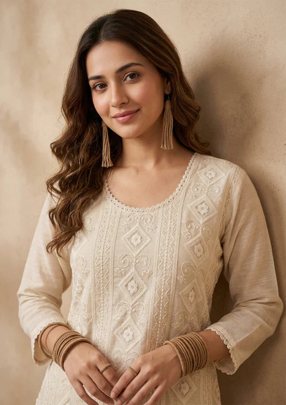 Cream Chanderi Threadwork Straight Kurta With Pant Regular And Dupatta