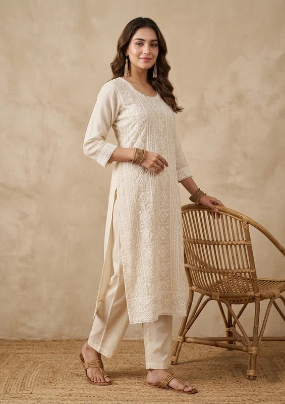 Cream Chanderi Threadwork Straight Kurta With Pant Regular And Dupatta