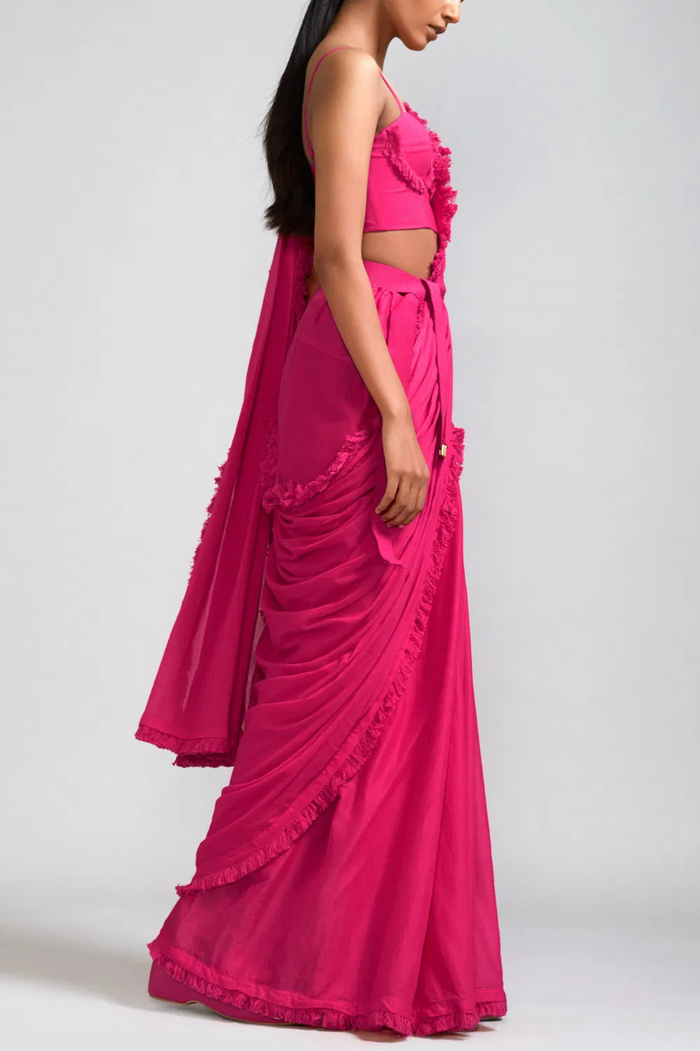Pink fringed saree