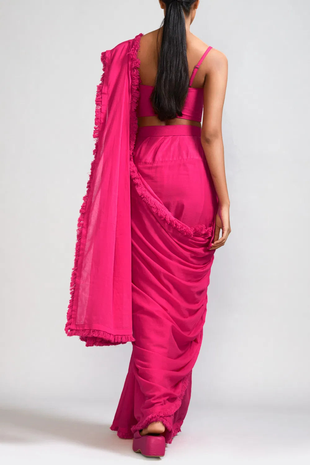 Pink fringed saree
