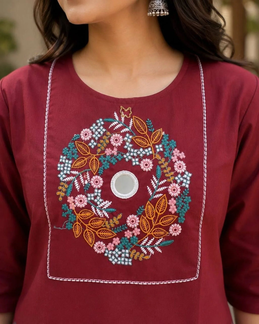 Durable Maroon Rayon Cotton Kurti Set With Mirror Work And Pocket Design