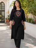 Functional Black Embroidered Slub Cotton Kurti Palazzo Set For Office Wear