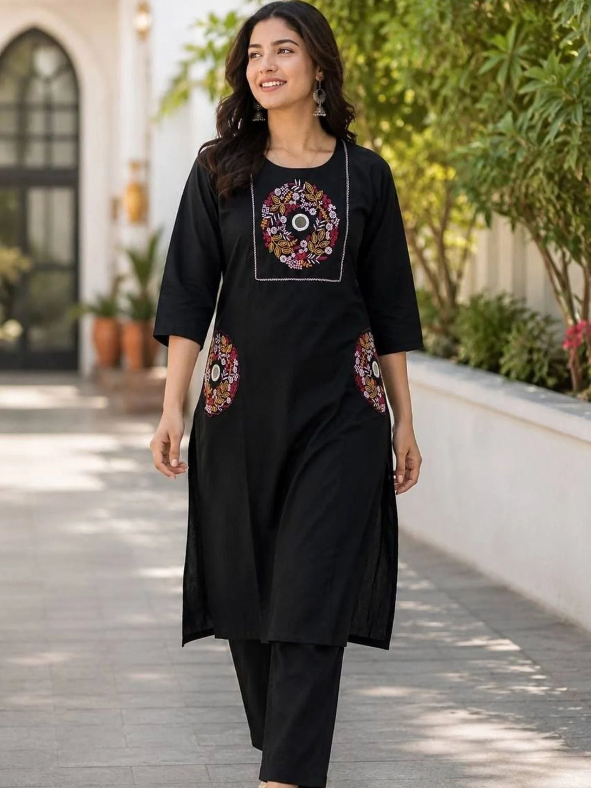 Functional Black Embroidered Slub Cotton Kurti Palazzo Set For Office Wear
