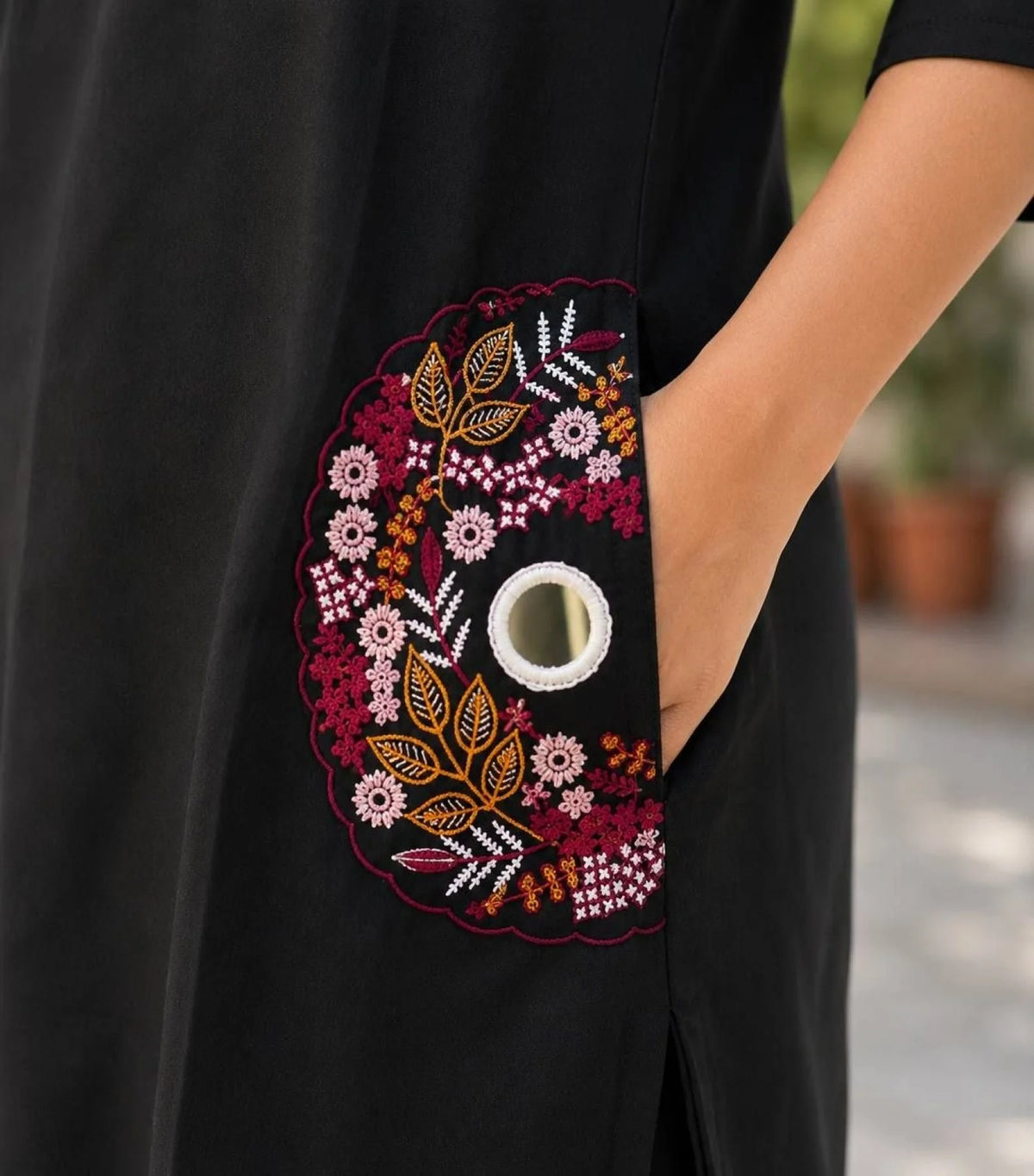 Functional Black Embroidered Slub Cotton Kurti Palazzo Set For Office Wear