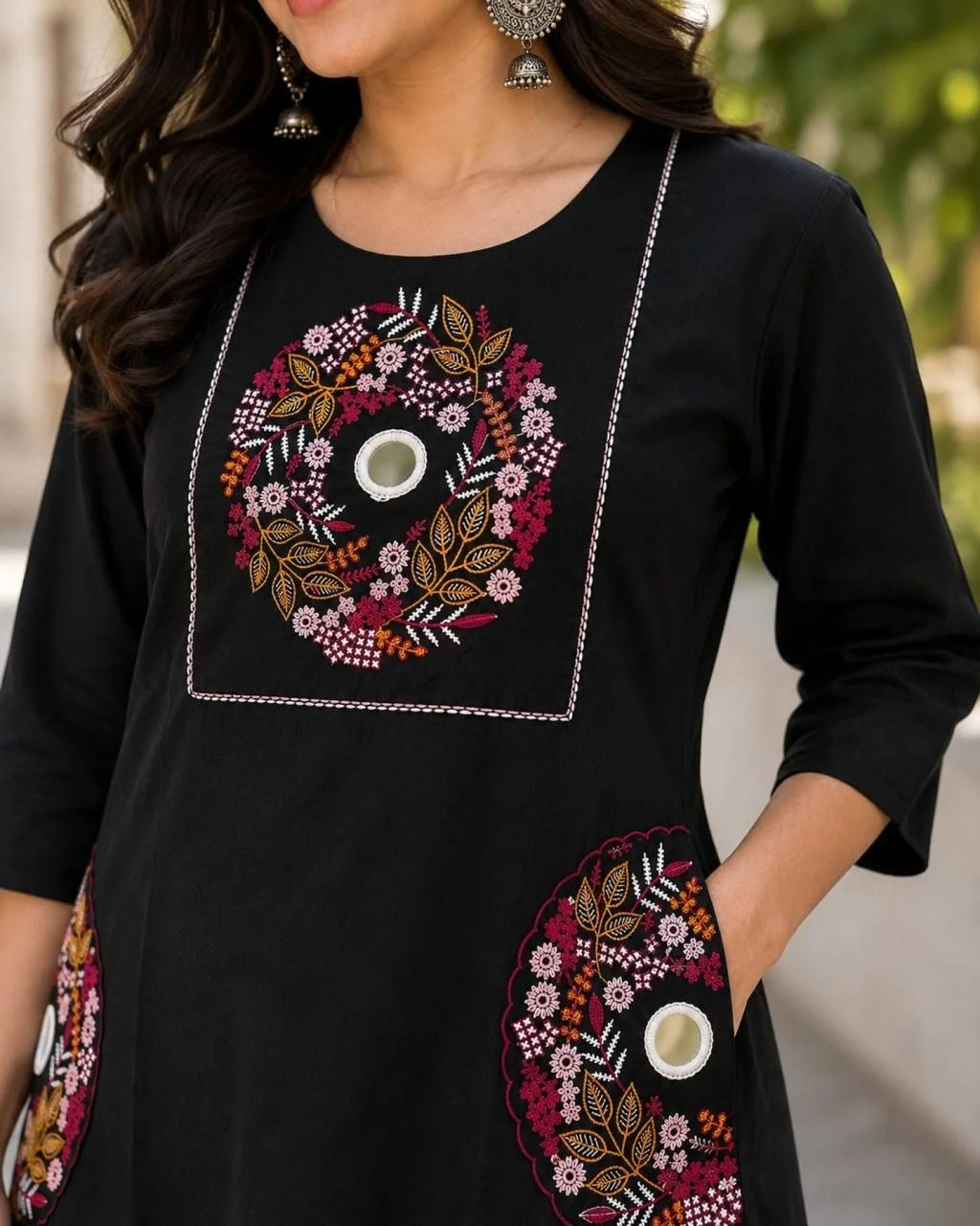 Functional Black Embroidered Slub Cotton Kurti Palazzo Set For Office Wear