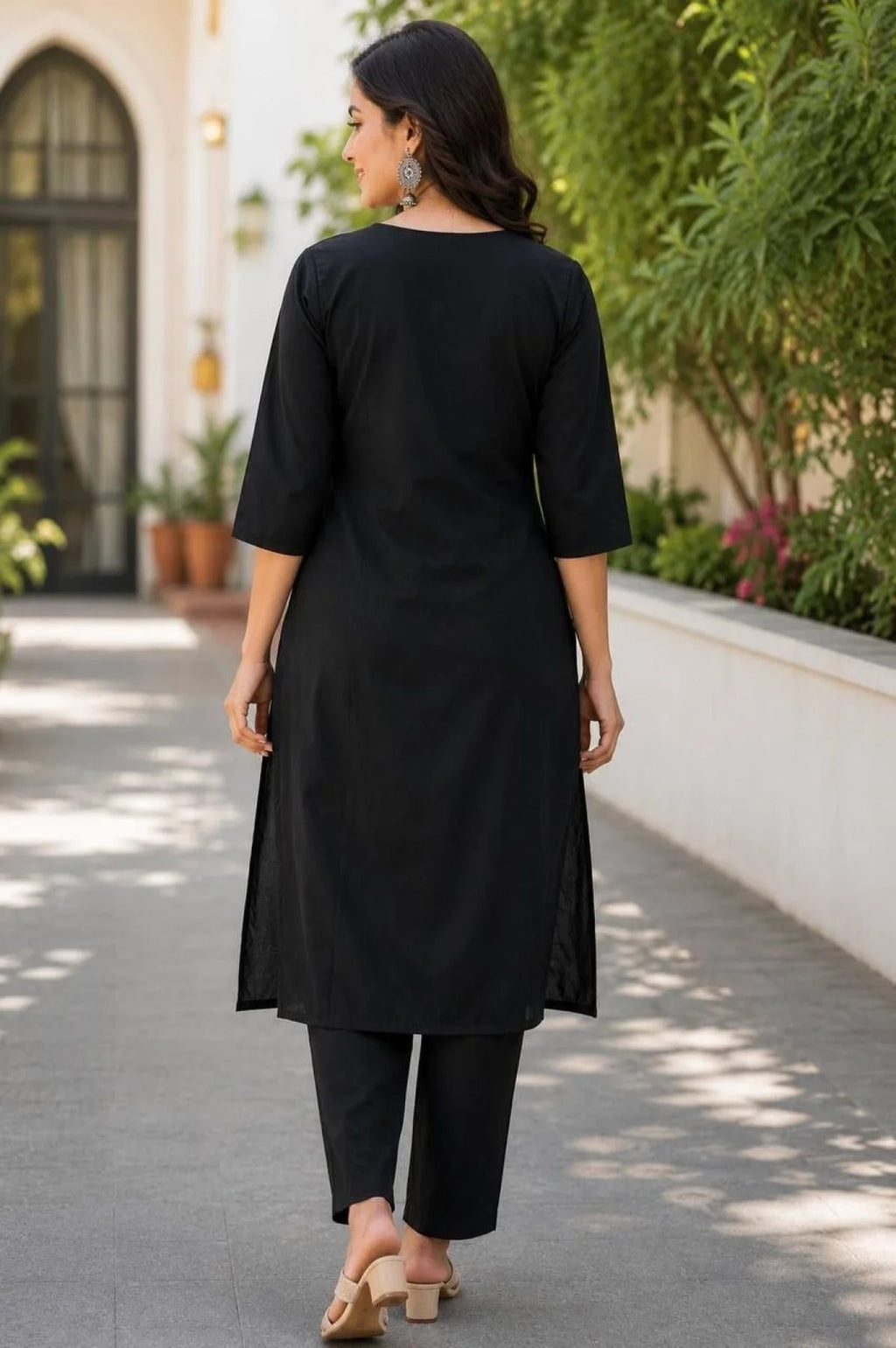 Functional Black Embroidered Slub Cotton Kurti Palazzo Set For Office Wear