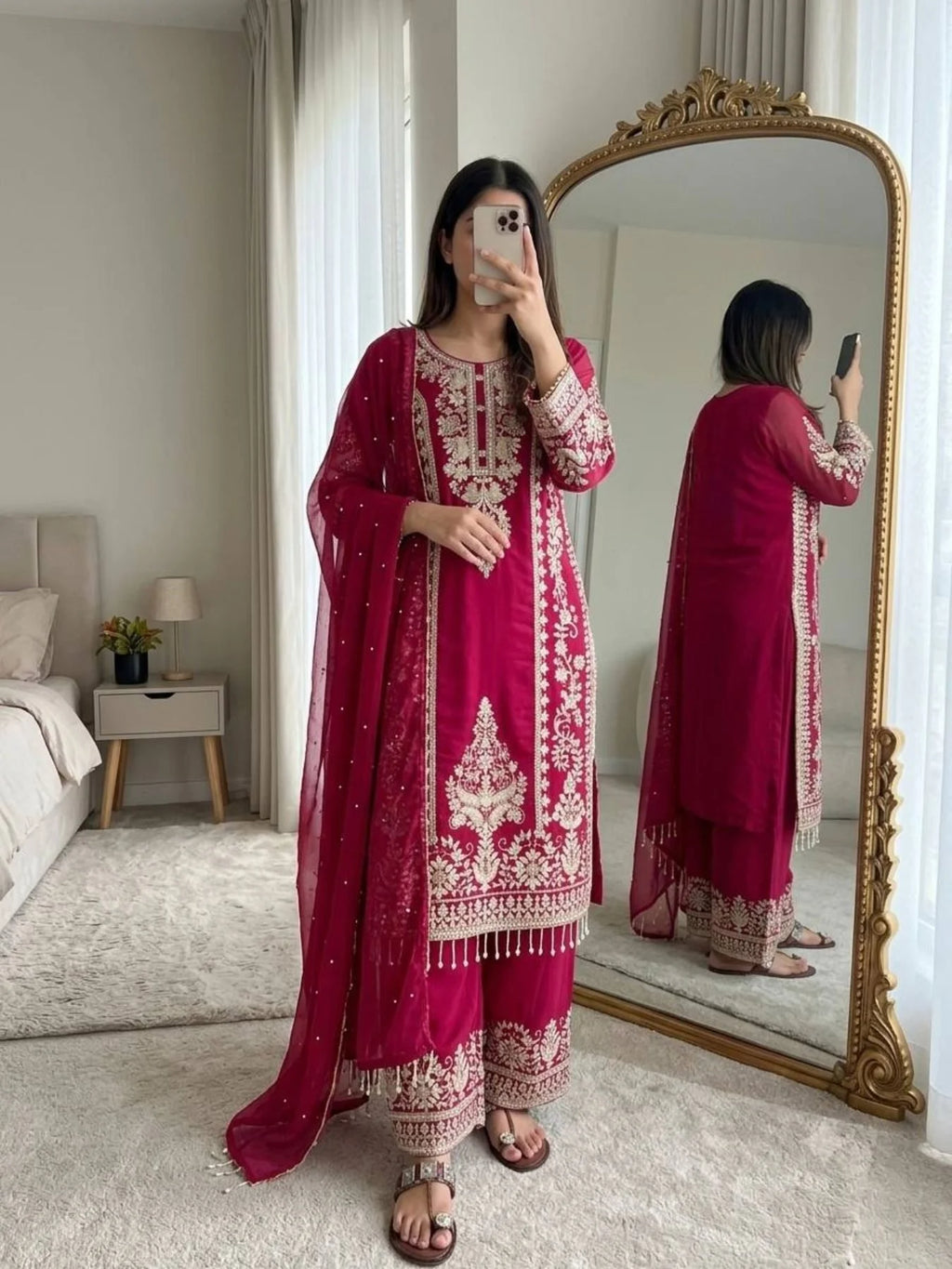 Ethnic Rani Pink Georgette Long Kurti With Embroidery Work For Wholesale Rate