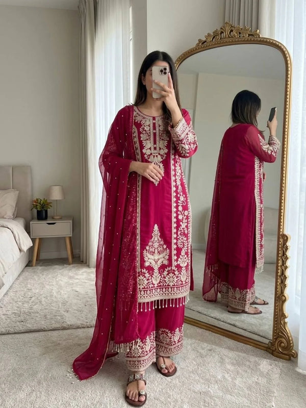 Ethnic Rani Pink Georgette Long Kurti With Embroidery Work For Wholesale Rate