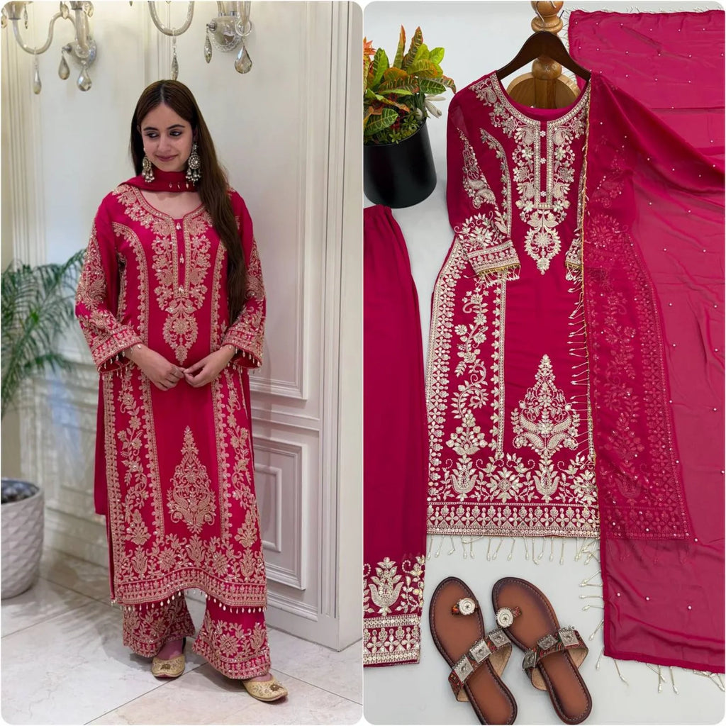 Ethnic Rani Pink Georgette Long Kurti With Embroidery Work For Wholesale Rate