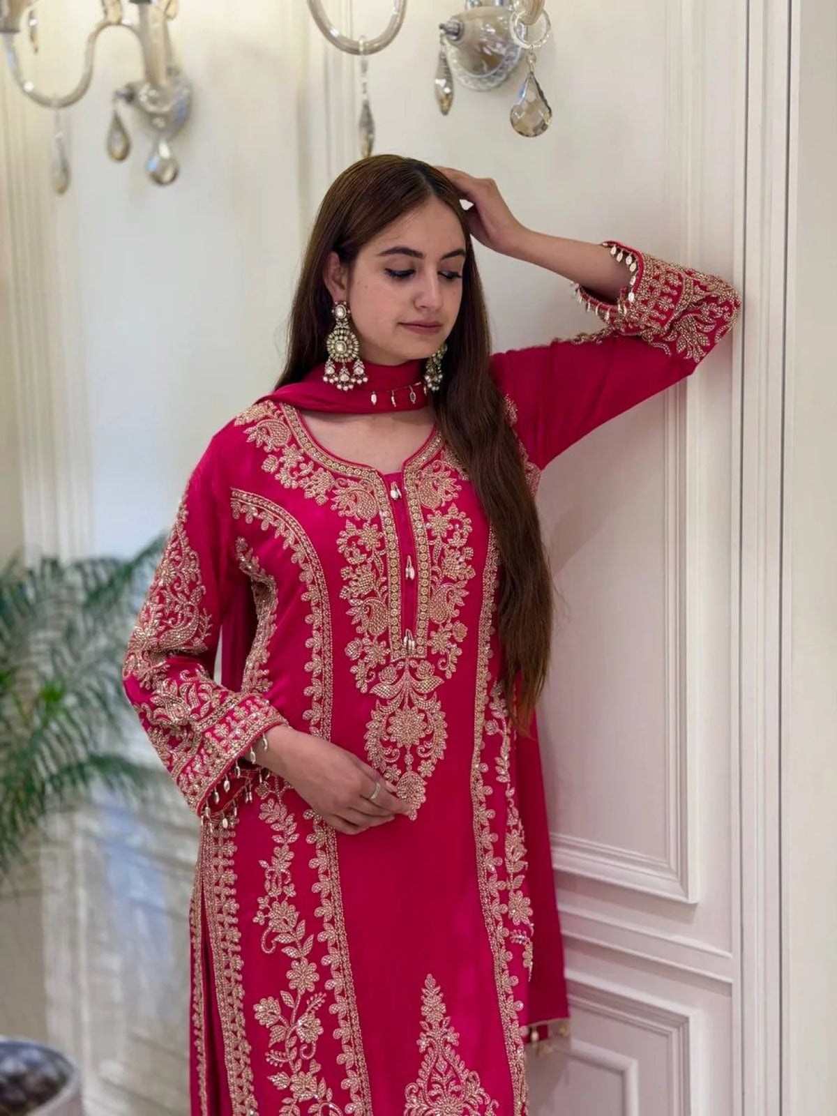 Ethnic Rani Pink Georgette Long Kurti With Embroidery Work For Wholesale Rate