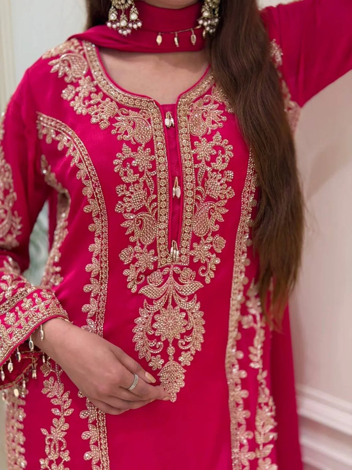 Ethnic Rani Pink Georgette Long Kurti With Embroidery Work For Wholesale Rate